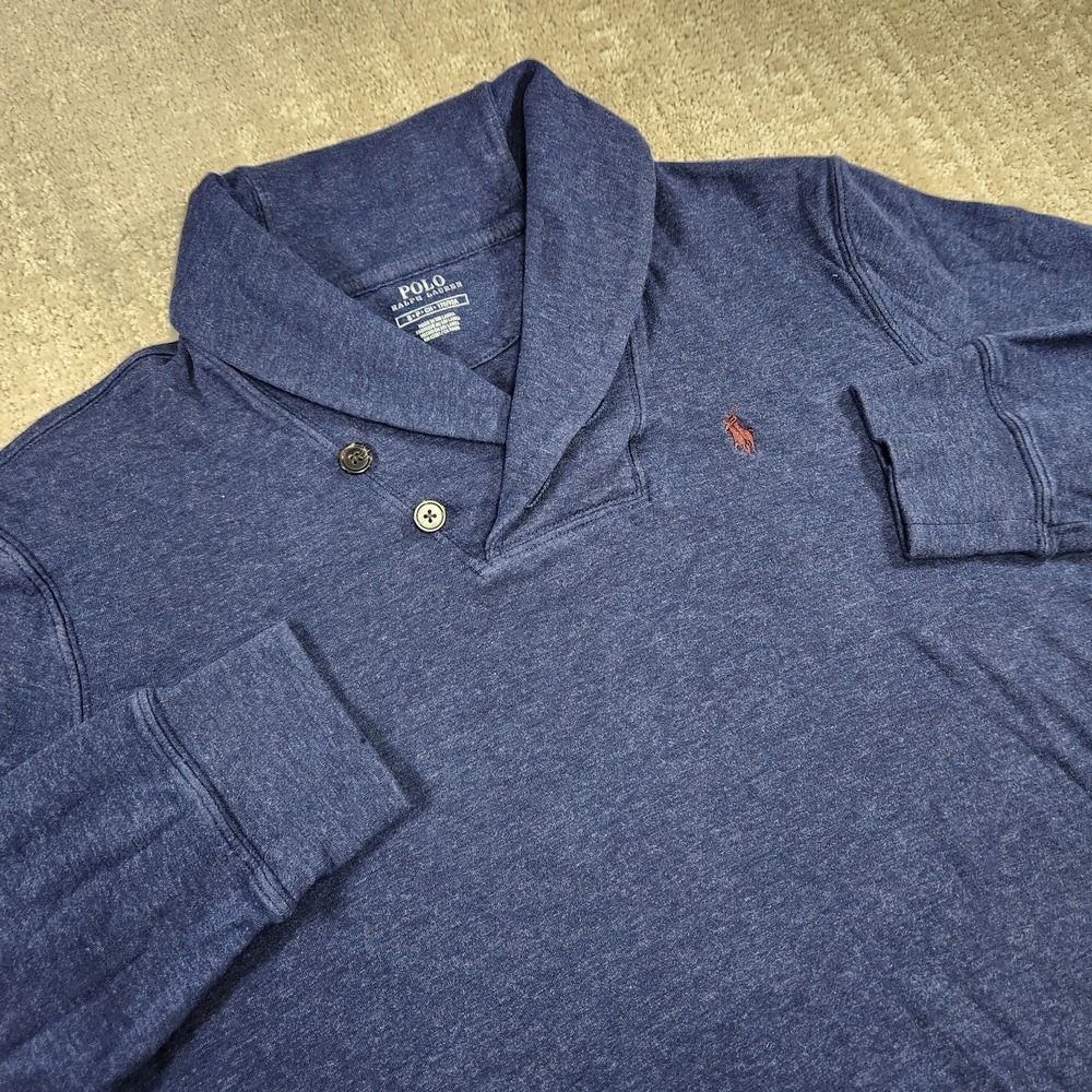 Polo Ralph Lauren Sweater Men Small Shawl Collar Cotton Blue Pullover Knit Prep